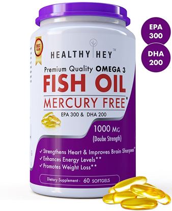 Picture of HealthyHey Premium Quality Fish Oil - Omega 3, Mercury Free, Double Strength (1000 MG), Burpless, , 60 Softgel | EPA 300 - DHA 200 Supplement