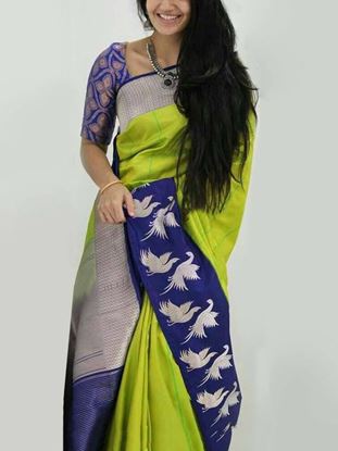 Picture of saree banglory silk yellowis green with blue