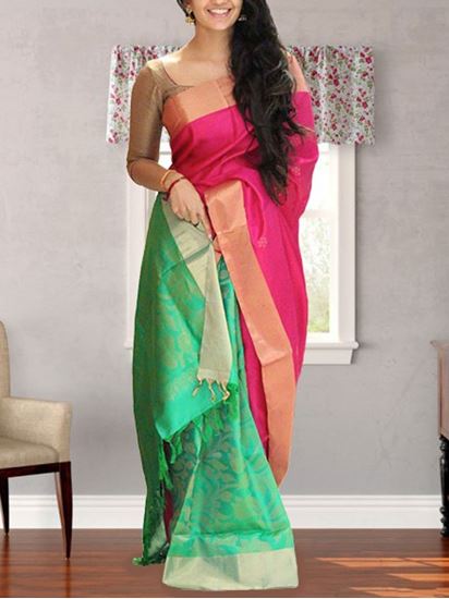 Rose Pink Designer Silk Saree With Contrast Dark Green Embroidered Blo   RangNeeti