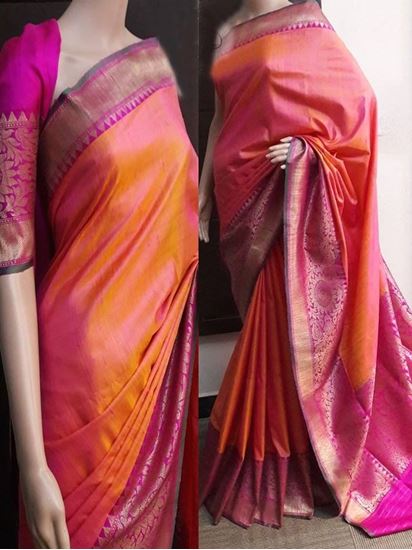 Picture of Banglory silk printed saree pink with orange shaded