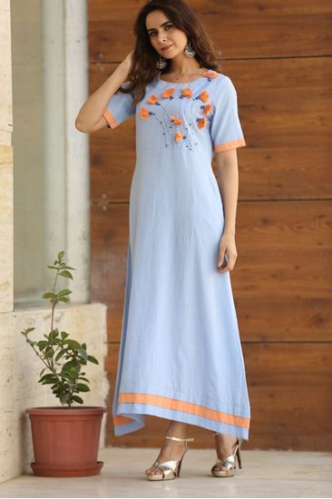 Picture of Light Blue Mustard unique patterns Instyle kurti 
