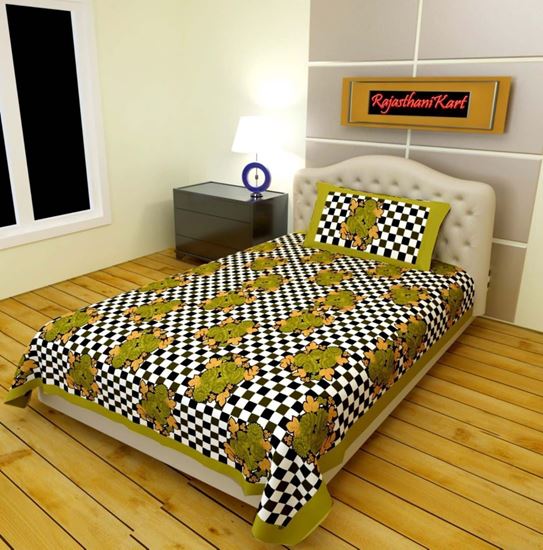 Picture of RAJWADA SINGLE BED SHEET (BLACK&WHITE WITH GREE BORDER)