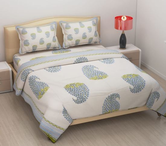 Alfa Jaipuri Bed Sheet White, Light Blue Gray Bed Sheets