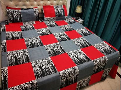 Picture of S K Mani Prints Double Bed Sheet RED WITH BLACK& GREY