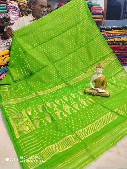 Parrot Green with golden work Linen Jamdani Silk Saree - Loomfolks