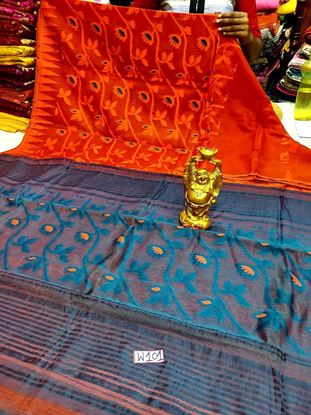 Picture of vihan soft dhakai orange nd gray colour sari