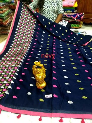 Picture of vihan@ handloom jamdani thread nd zari work nevy blue sari