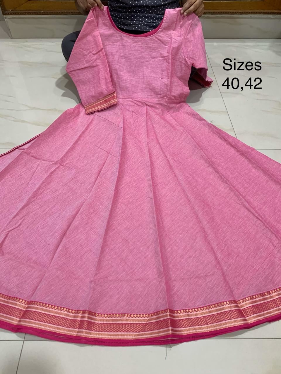 Mangalagiri Cotton Long Frock With Ikkath Pure Cotton Boarder  Sleeves