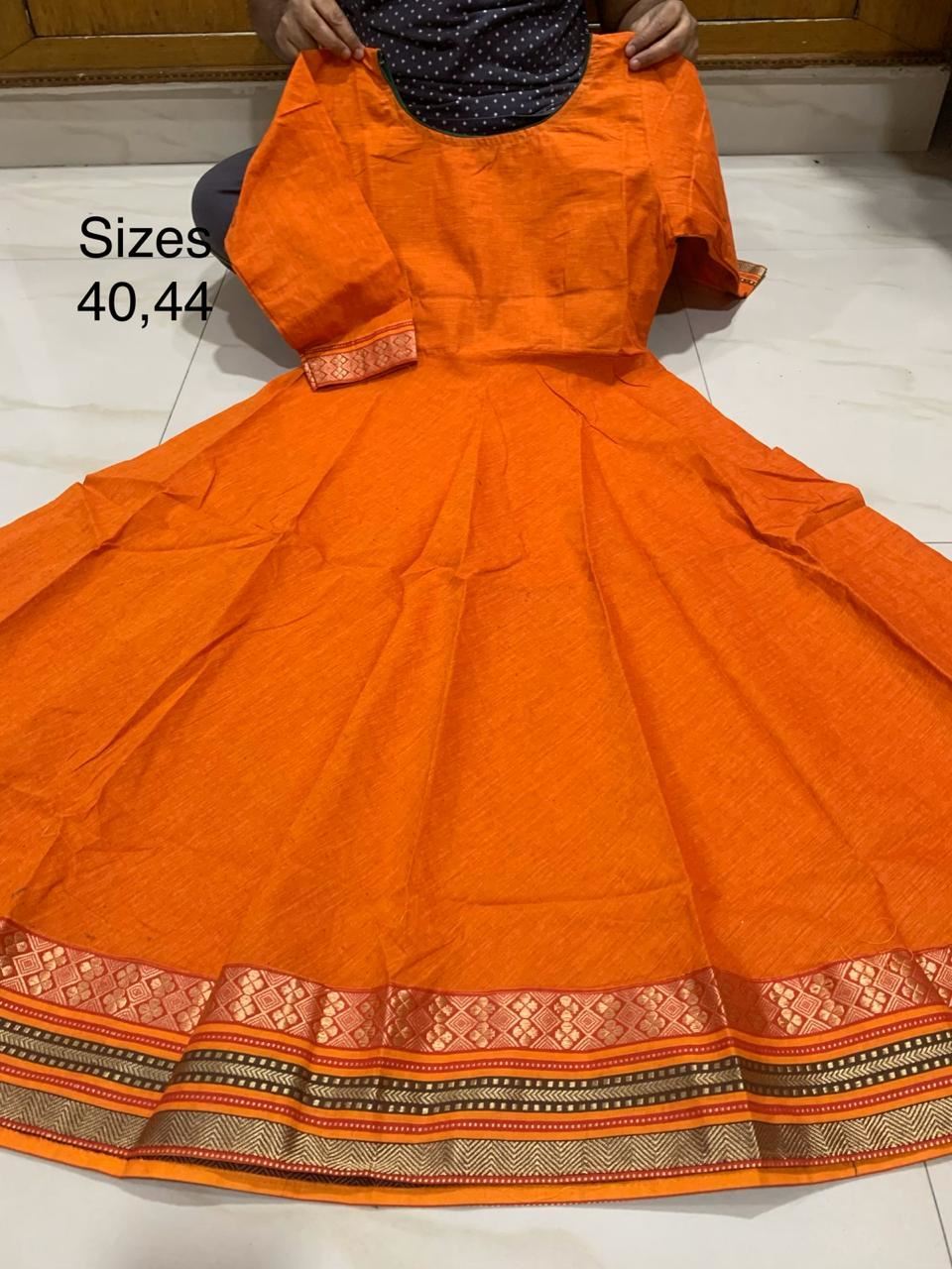 Mangalagiri Pure Cotton Long Frocks with Pochampally Ikkat hands and  Borders Length50 SizesMentioned on the Pics available sizes in each   Instagram
