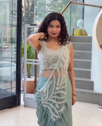 Picture of New Super Trending Embroidery Sequence work ready to wear saree with Embroidery Blouse Sky Blue