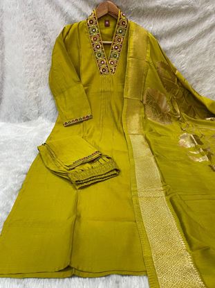 Picture of 👗 Premium Viscose Mango Silk Kurti with elegant embroidery sequins & hand work