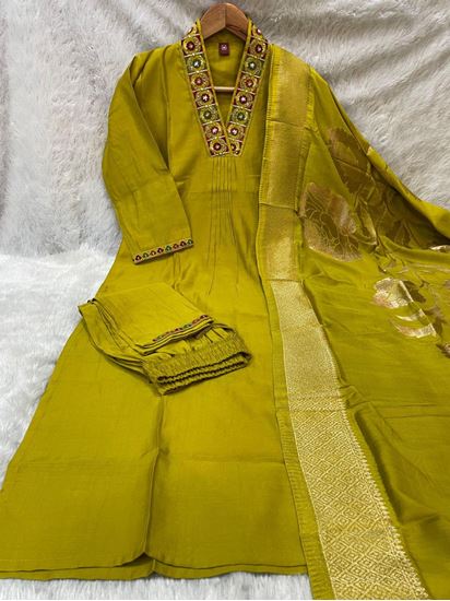 Picture of 👗 Premium Viscose Mango Silk Kurti with elegant embroidery sequins & hand work