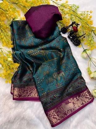 Picture of BANDHEJ  Soft bleck dola silk sarees  with pen kalamkari design  Blue