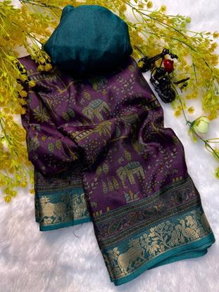 Picture of BANDHEJ  Soft bleck dola silk sarees  with pen kalamkari design  Purple
