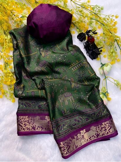 Picture of BANDHEJ  Soft bleck dola silk sarees  with pen kalamkari design  Green