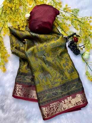 Picture of BANDHEJ  Soft bleck dola silk sarees  with pen kalamkari design Light Green