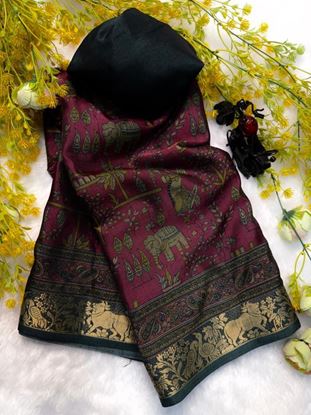 Picture of BANDHEJ  Soft bleck dola silk sarees  with pen kalamkari design Maroon