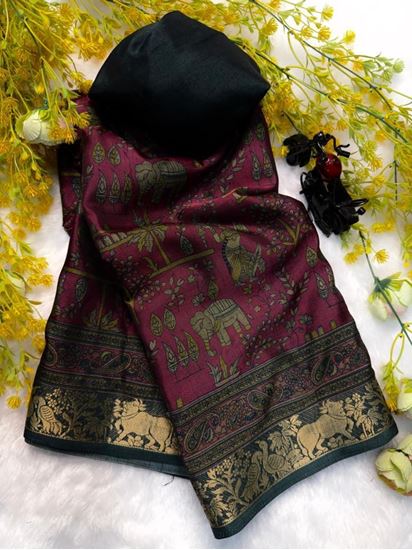 Picture of BANDHEJ  Soft bleck dola silk sarees  with pen kalamkari design Maroon