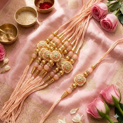 Picture of "Peach Blossom Pearl Rakhi Elegance" 🌸✨💖